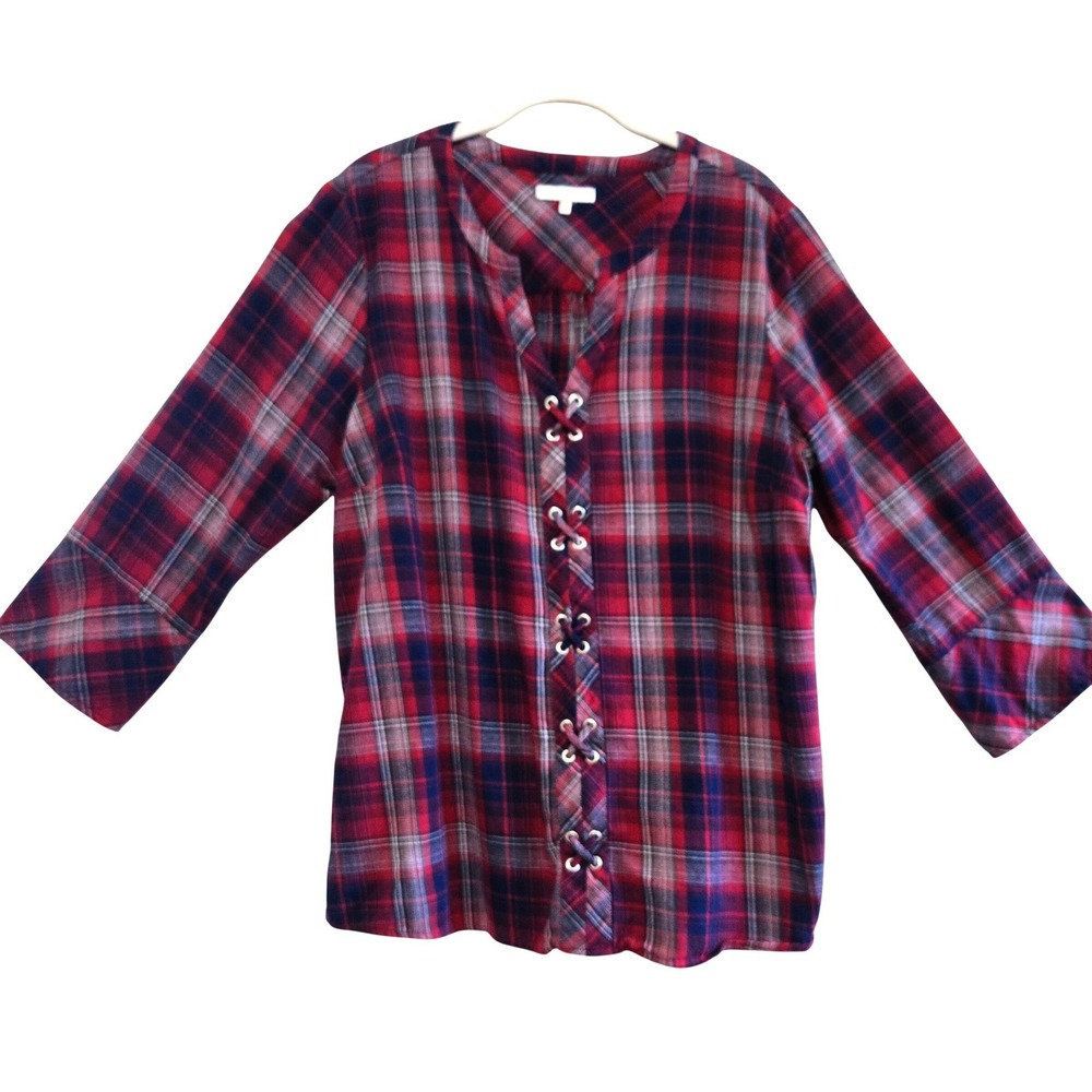 Skies Are Blue, Dressy Cotton Flannel, Faux Lace-Up, Blue/Red Top, Size 1X